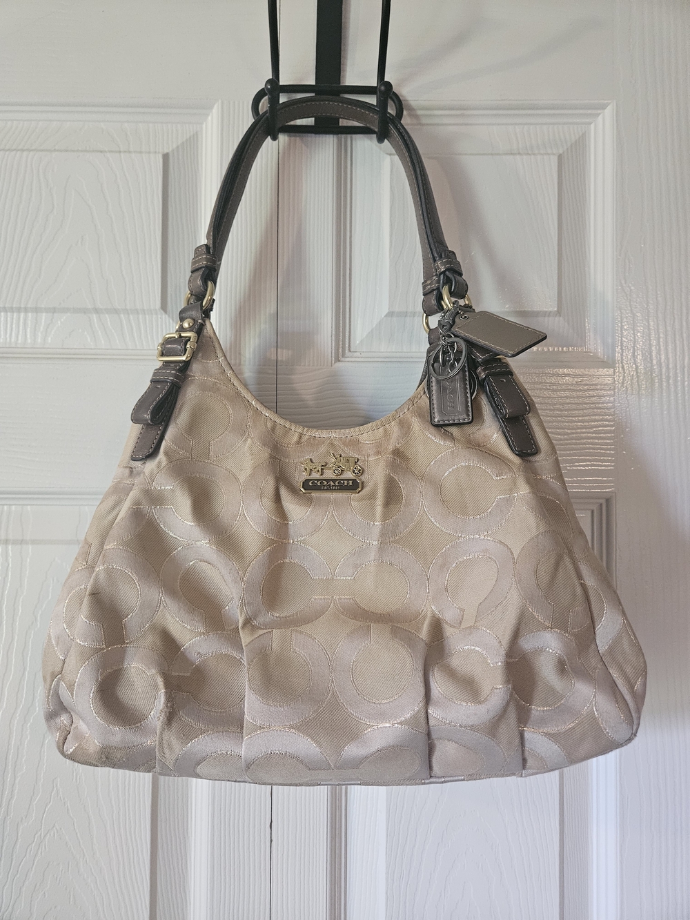 Coach Maggie Khaki Brown Gold Signature Purse 18765 Purple Interior